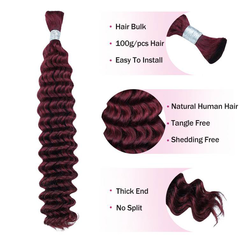 Human Hair #99J Deep Wave Bulk Hair Extensions For Braiding No Weft