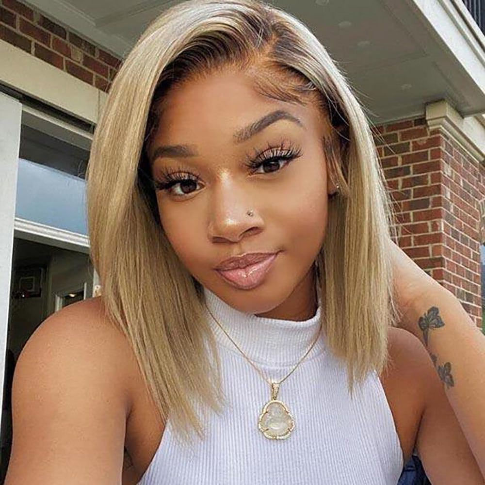 Human Hair Ombre Blonde Color Transparent Lace Front Bob Wig Pre Plucked