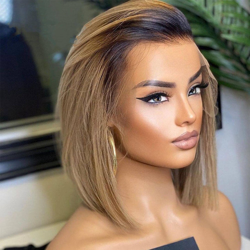 Human Hair Ombre Brown Color HD Lace Front Bob Wig Pre Plucked