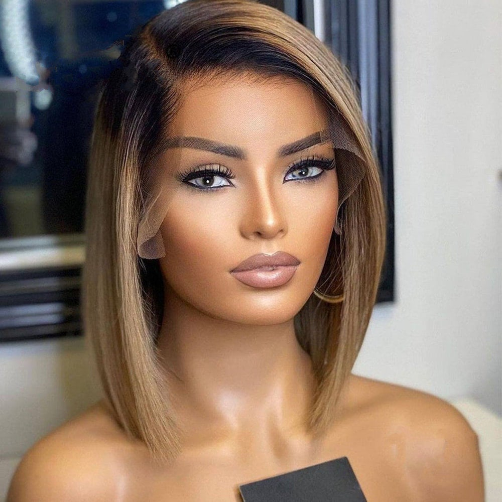 Human Hair Ombre Brown Color HD Lace Front Bob Wig Pre Plucked