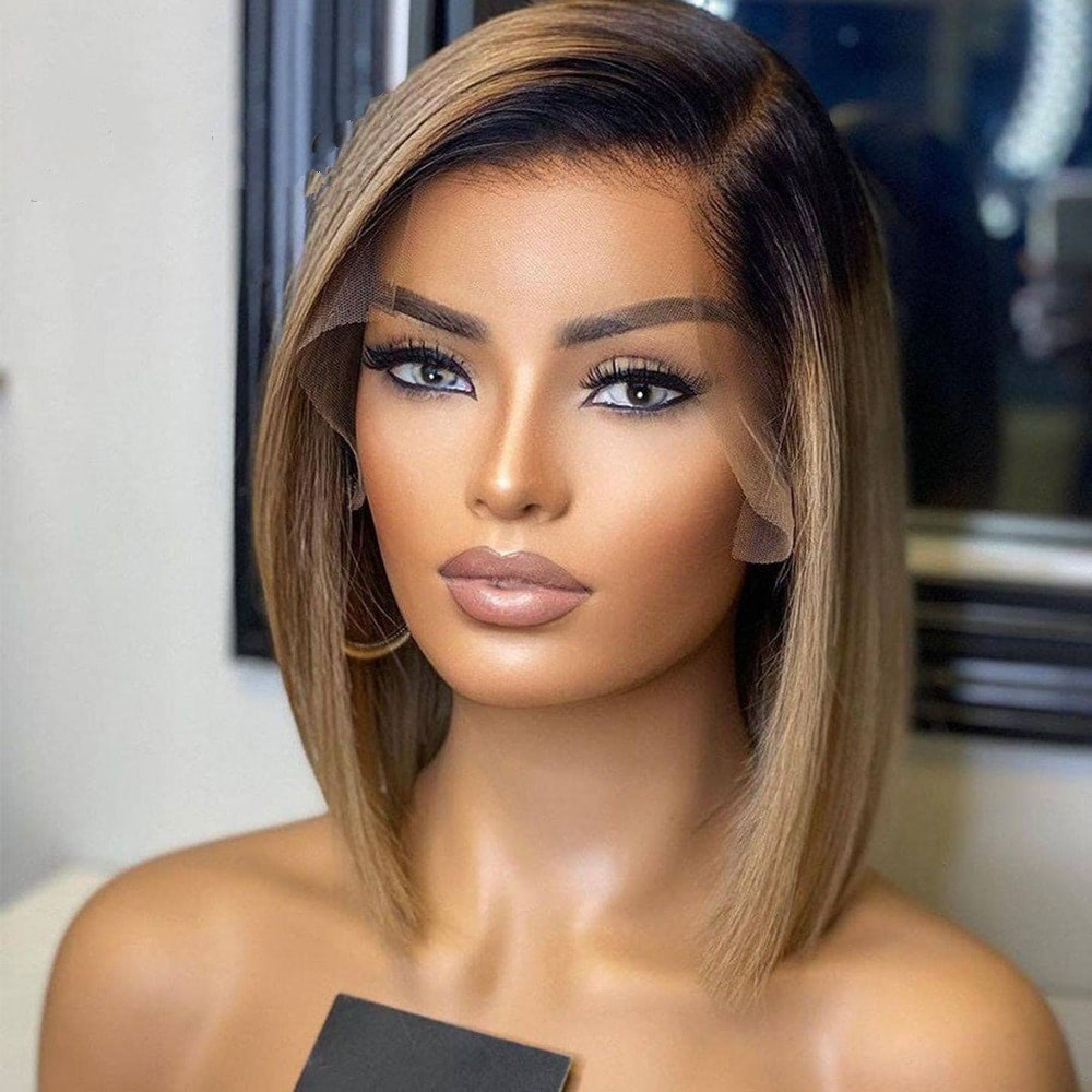 Human Hair Ombre Brown Color HD Lace Front Bob Wig Pre Plucked