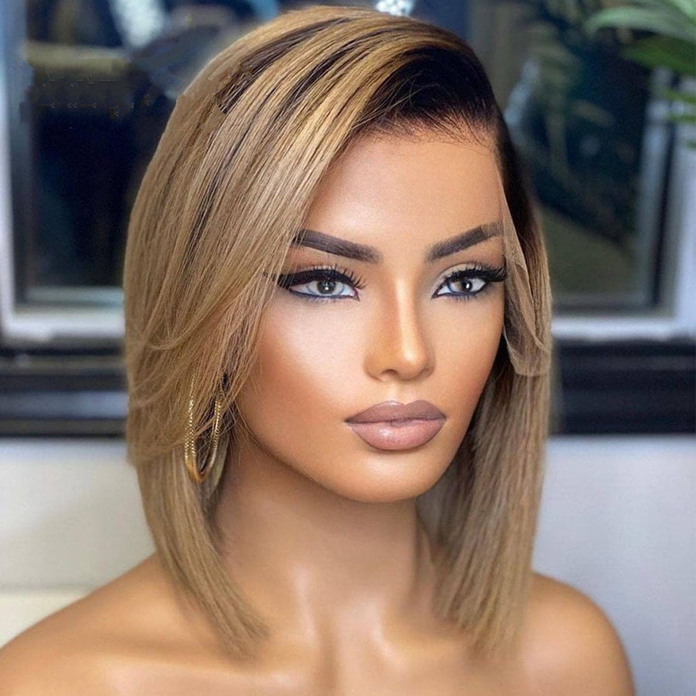 Human Hair Ombre Brown Color HD Lace Front Bob Wig Pre Plucked