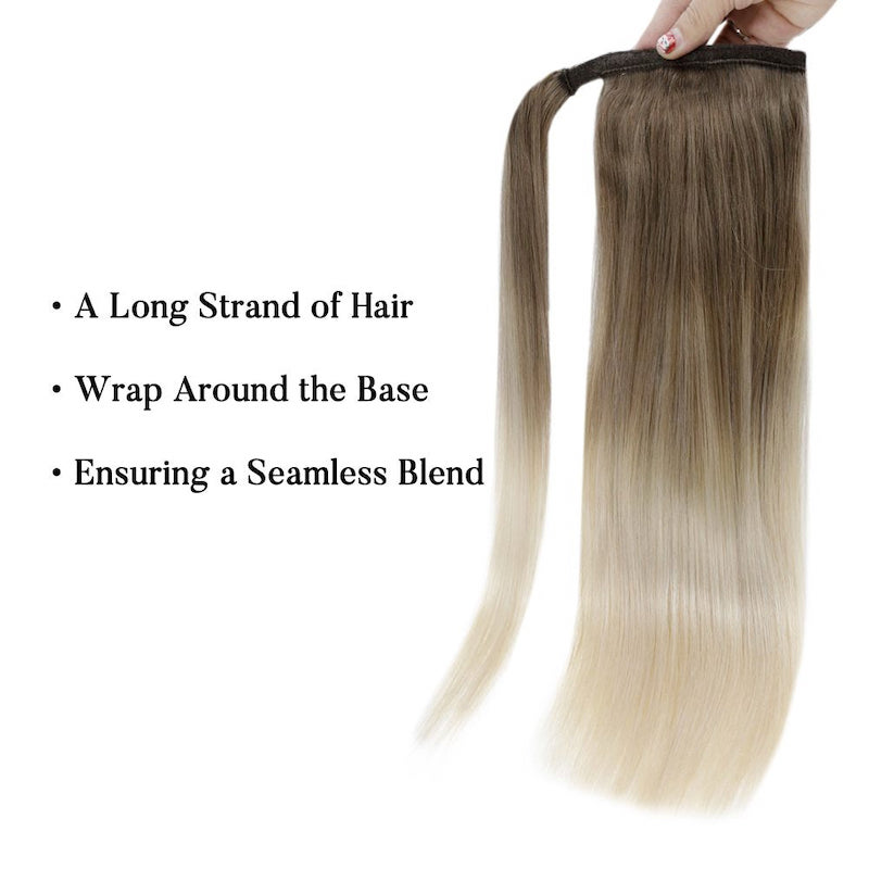 Human Hair Ponytail Extensions Balayage #8/60 Wrap Around Clip In 100G