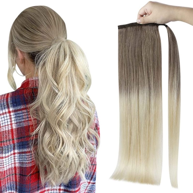 Human Hair Ponytail Extensions Balayage #8/60 Wrap Around Clip In 100G