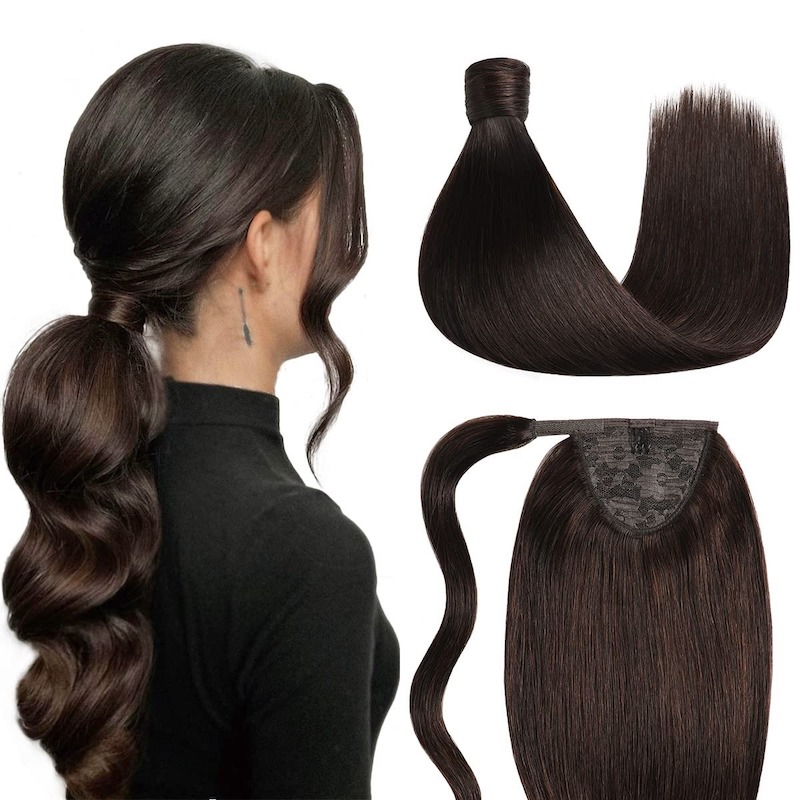 Human Hair Ponytail Extensions Wrap Around Clip In 100G #2 Darkest Brown
