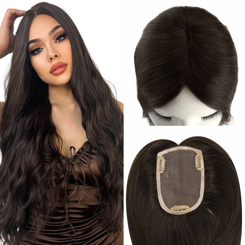 Human Hair Toppers 3X5 Inch Lace Base Hairpieces For Women #2 Dark Brown
