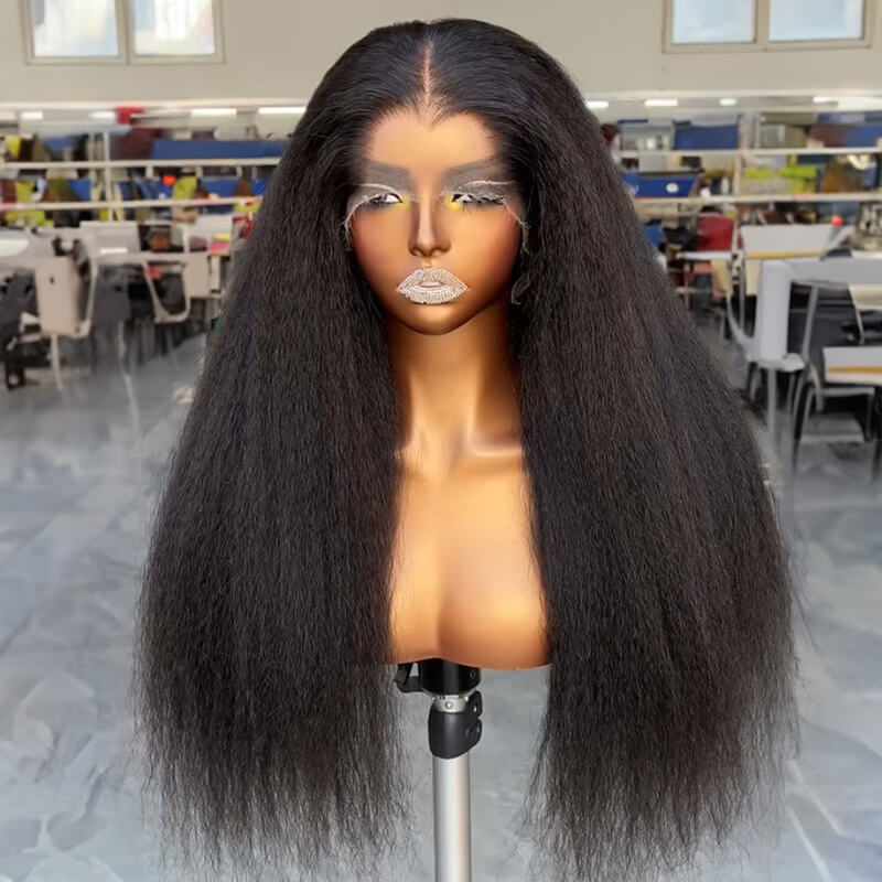 Kinky Straight With M Hairline 13x4 HD Lace Front Wig 180% Density Pre-Plucked Natural Look