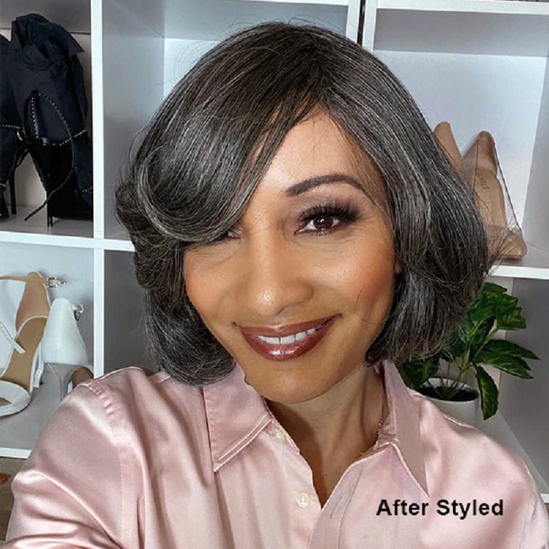 Salt & Pepper Bob Wig With Bangs 5X5 Lace Closure Wig Gray Bob Wigs