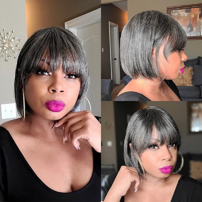 Luve Black Mix Grey Hair Bob Wig With Bangs | Salt & Pepper Color