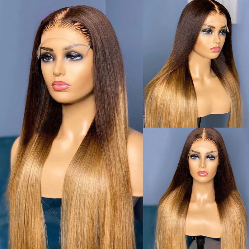 Luve 180% Long Straight Ombre Brown Wig Blonde 13x4 HD Lace Front Wigs Human Hair