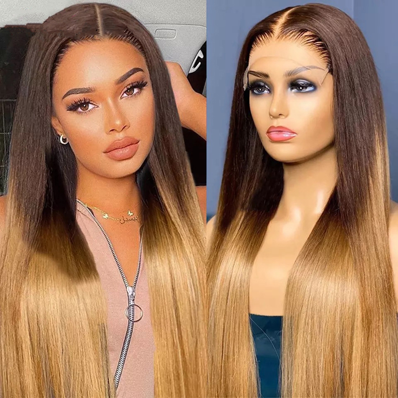 Luve 180% Long Straight Ombre Brown Wig Blonde 13x4 HD Lace Front Wigs Human Hair
