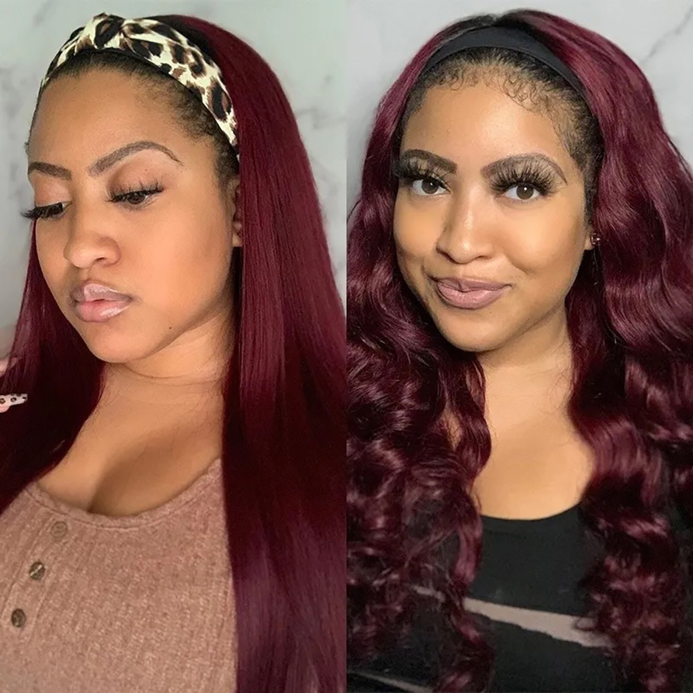 Luve 99J Burgundy Headband Wigs Straight Body Wave Deep Curly Wear And Go