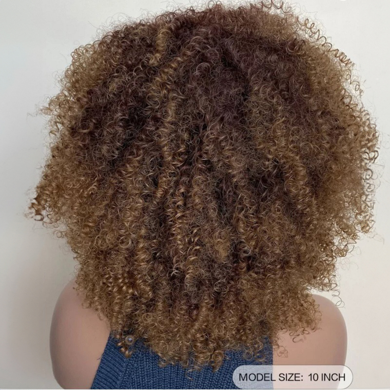 Afro Curly Elegant Brown 5X5 Closure Lace Short Wig with Bangs