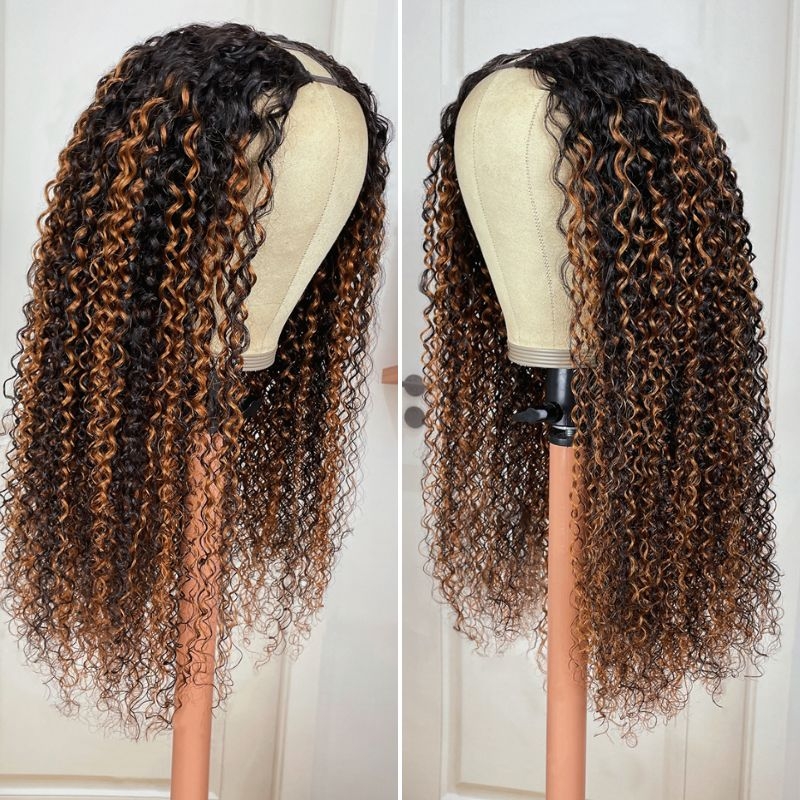 Luve Balayage Highlight V Part Human Hair Wig FB30# Brown Curly Wig