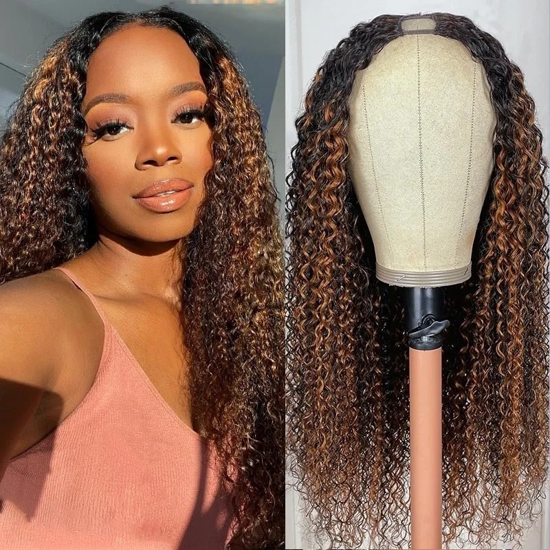 Luve Balayage Highlight V Part Human Hair Wig FB30# Brown Curly Wig