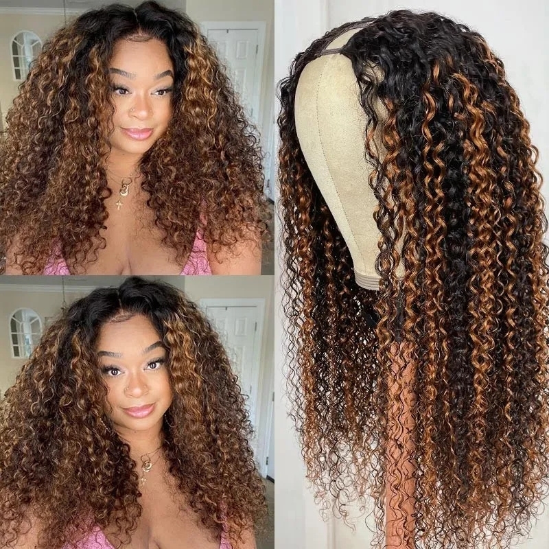 Luve Balayage Highlight V Part Human Hair Wig FB30# Brown Curly Wig