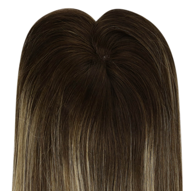Luve Balayage Human Clip In Fine Mono Topper 3x5 Inch Brown Hair