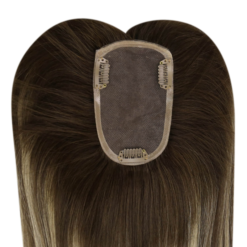 Luve Balayage Human Clip In Fine Mono Topper 3x5 Inch Brown Hair