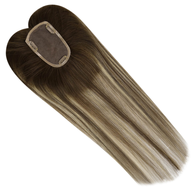 Luve Balayage Human Clip In Fine Mono Topper 3x5 Inch Brown Hair