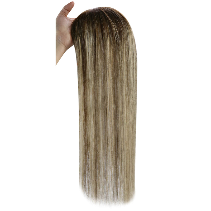 Luve Balayage Human Clip In Fine Mono Topper 3x5 Inch Brown Hair