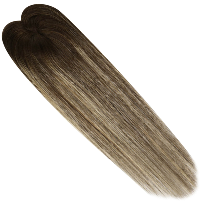 Luve Balayage Human Clip In Fine Mono Topper 3x5 Inch Brown Hair