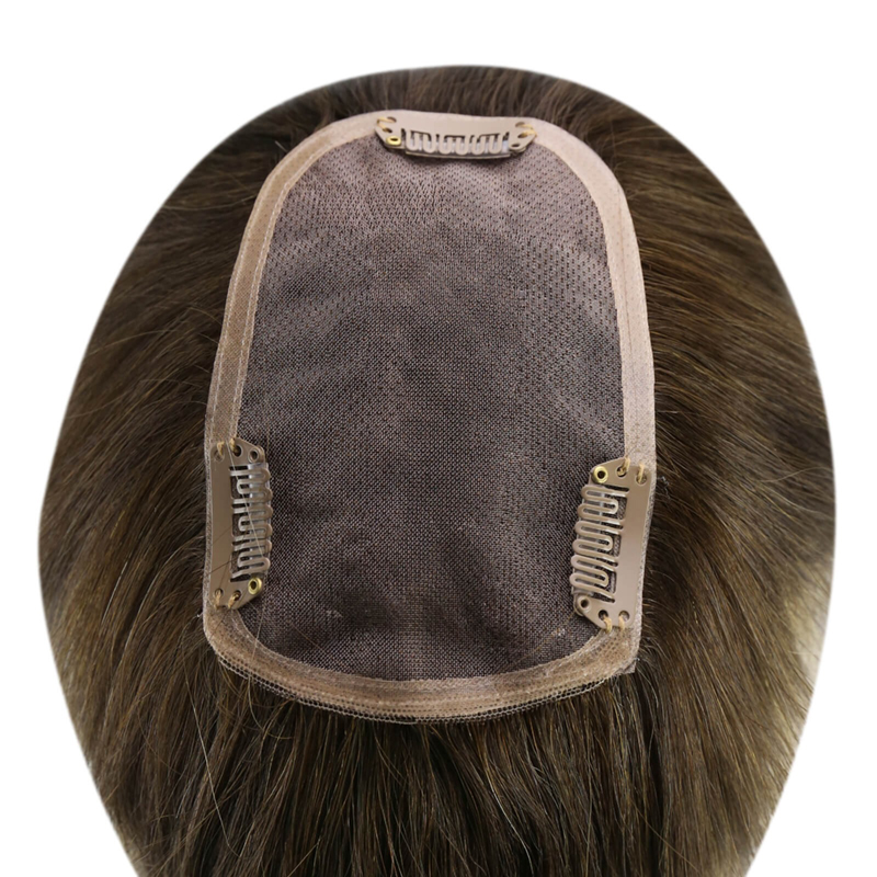 Luve Balayage Human Clip In Fine Mono Topper 3x5 Inch Brown Hair