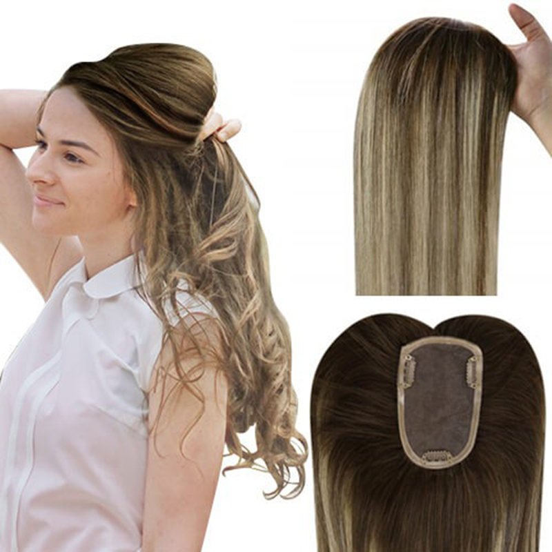 Luve Balayage Human Clip In Fine Mono Topper 3x5 Inch Brown Hair