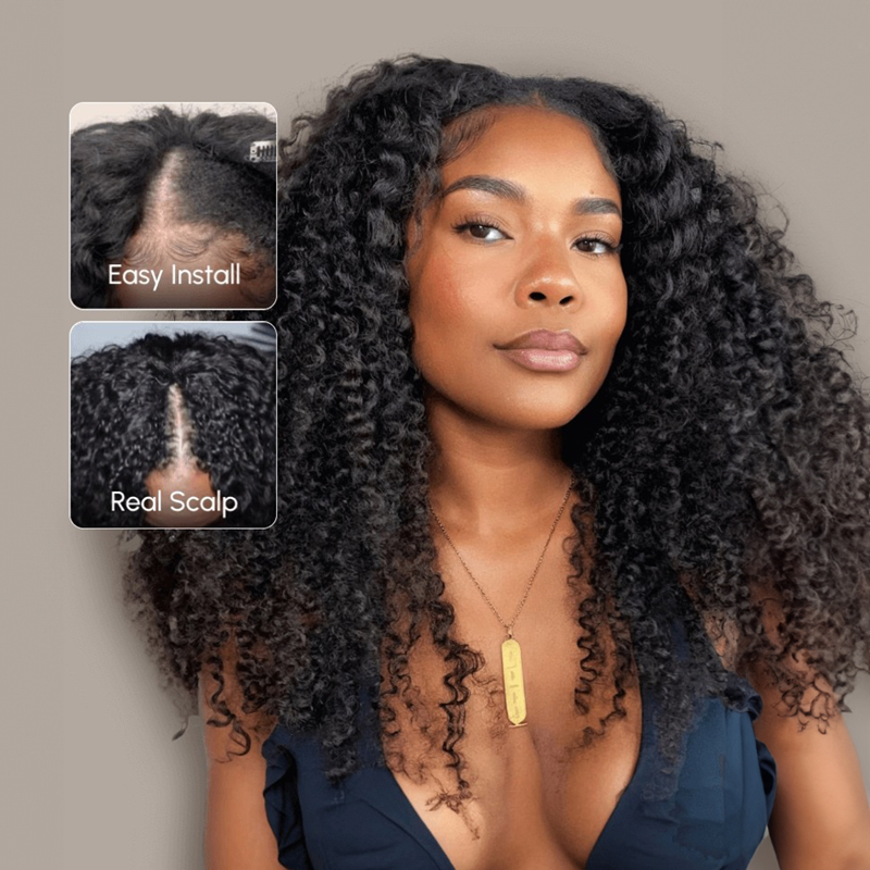 Glueless V Part Kinky Curly Wig Human Hair Beginner Friendly Wigs