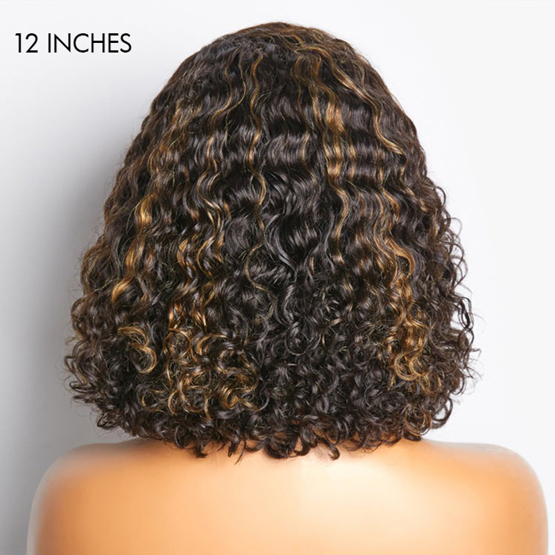 Luve Blonde Highlights Curly Glueless HD Lace C Part Short Bob Wig 100% Human Hair