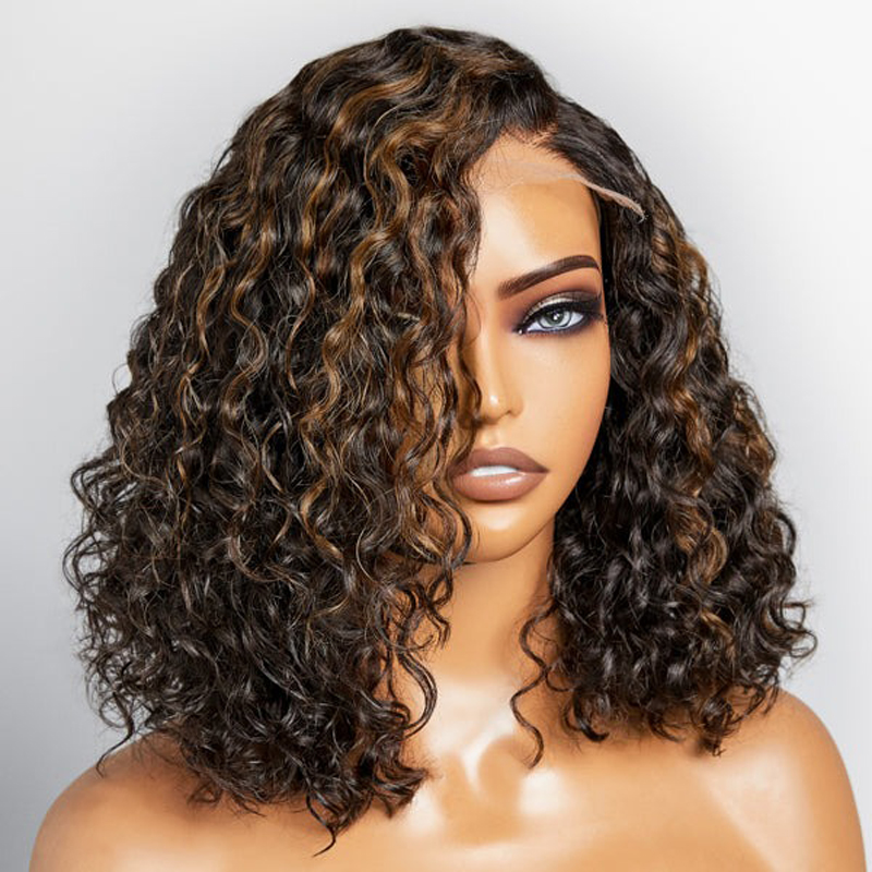 Luve Blonde Highlights Curly Glueless HD Lace C Part Short Bob Wig 100% Human Hair