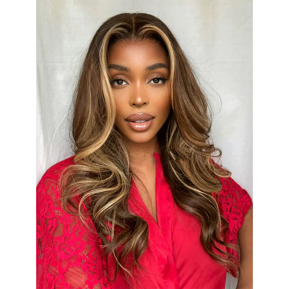 Luve Brown Hair With Blonde Highlights Invisible HD Lace Frontal Wigs
