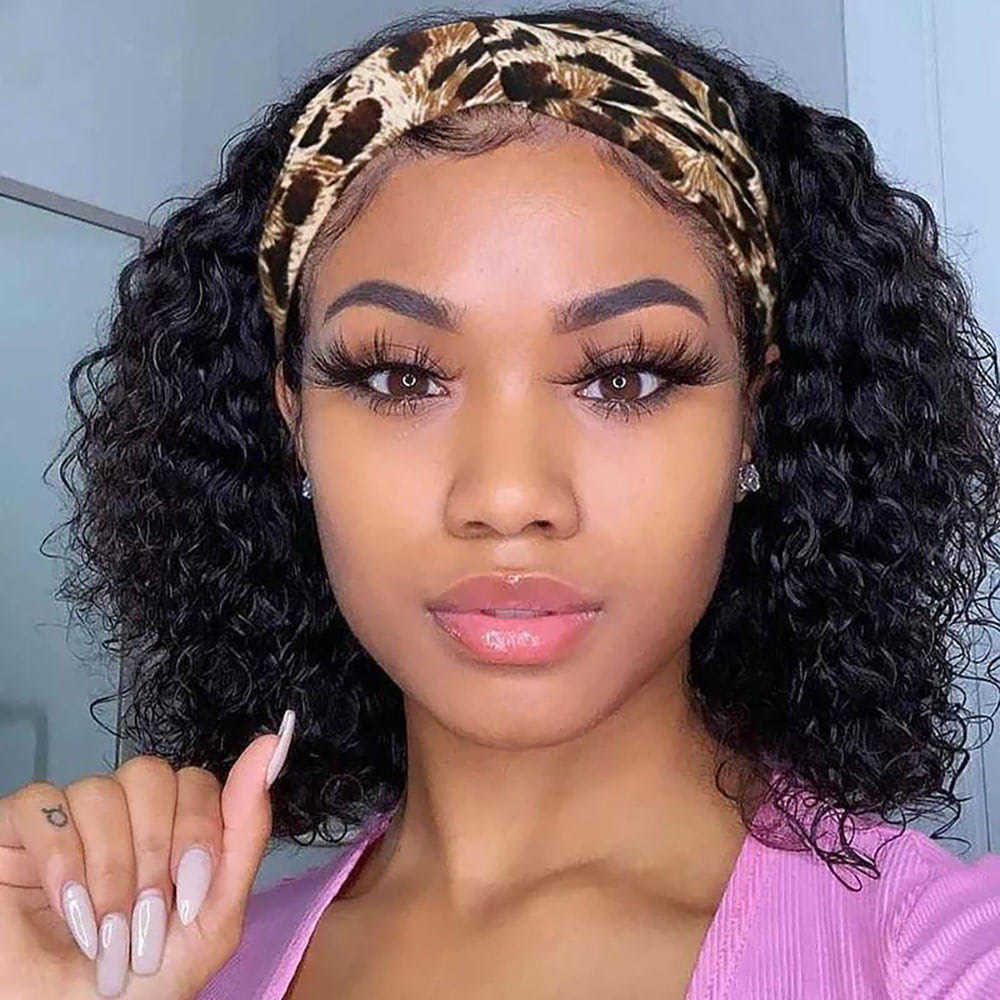 Luve Curly Headband Bob Wig Glueless Natural Color None Lace Human Hair Wigs