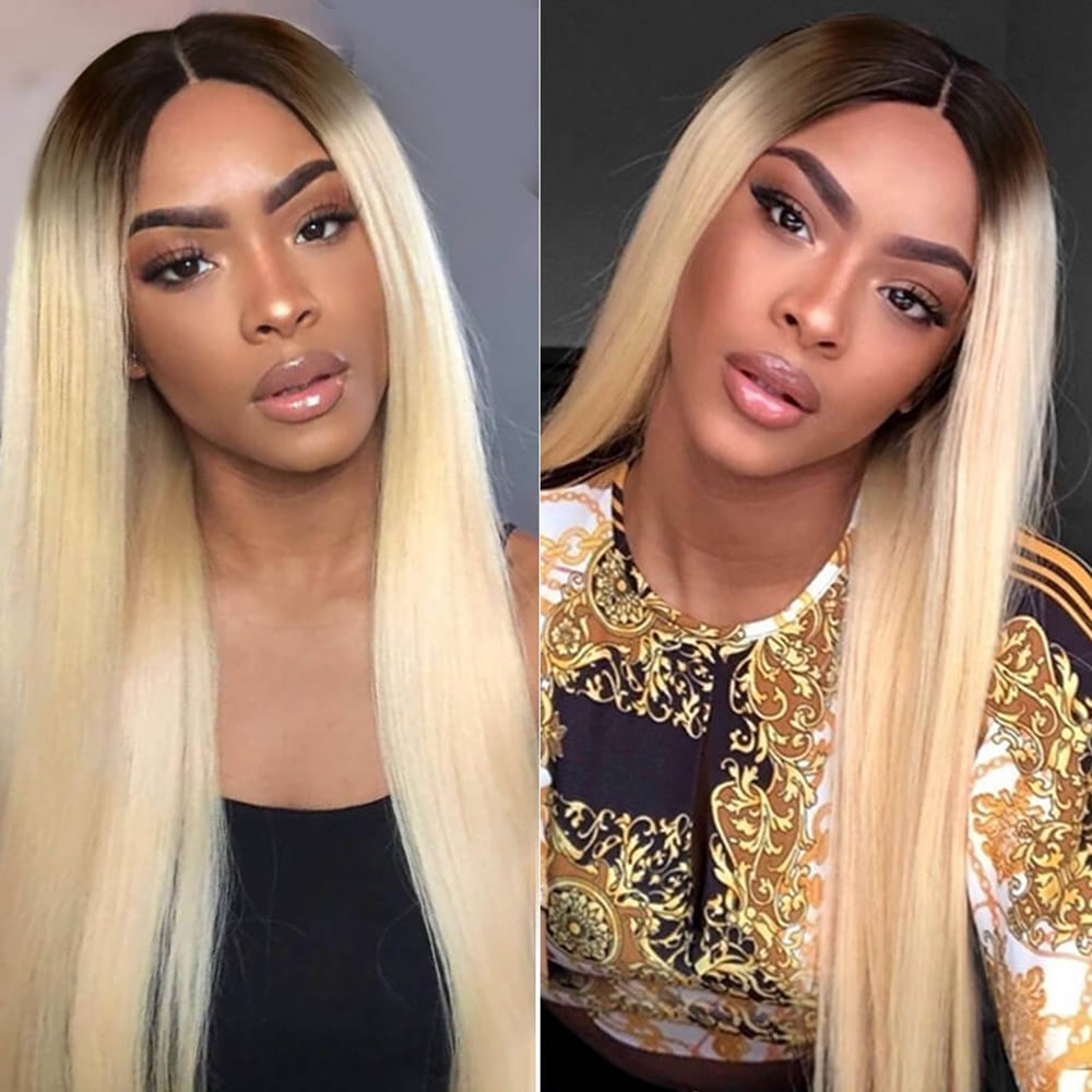 Luve Full Lace Wig 150% Density Ombre 1B 613 Blonde Silky Straight Wigs