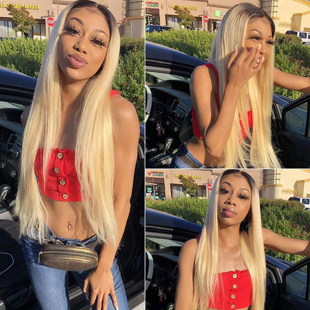 Luve Full Lace Wigs Ombre 1B 613 Blonde Silky Straight Pre-Plucked Hairline