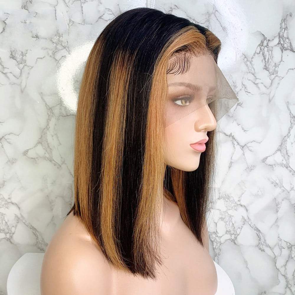 Luve Ombre Brown Bob Wig Straight Hair Glueless 13X4 Lace Frontal Wig