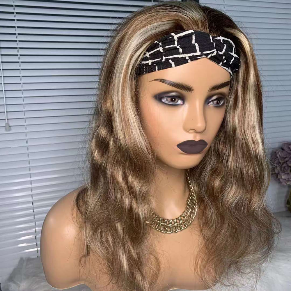 LUVE Honey Blonde Highlight Wave Headband Wig Human Hair None Lace Wigs
