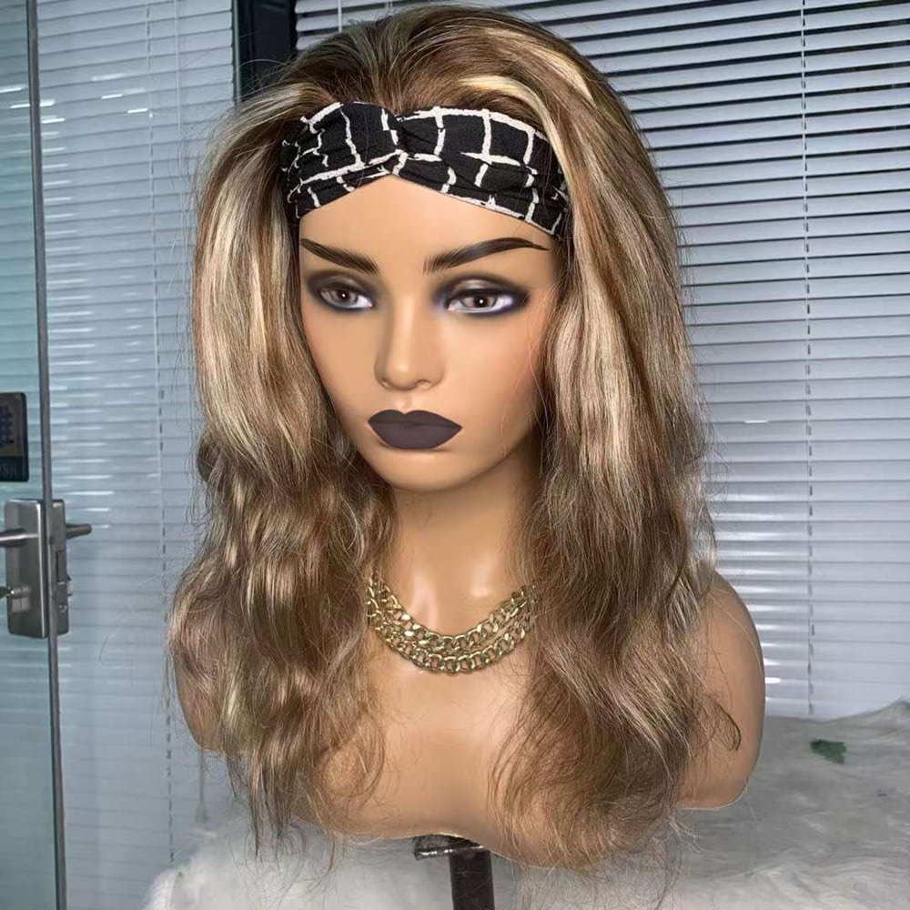 LUVE Honey Blonde Highlight Wave Headband Wig Human Hair None Lace Wigs
