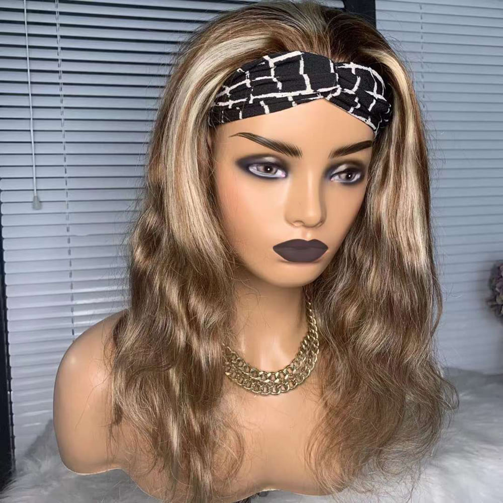 LUVE Honey Blonde Highlight Wave Headband Wig Human Hair None Lace Wigs