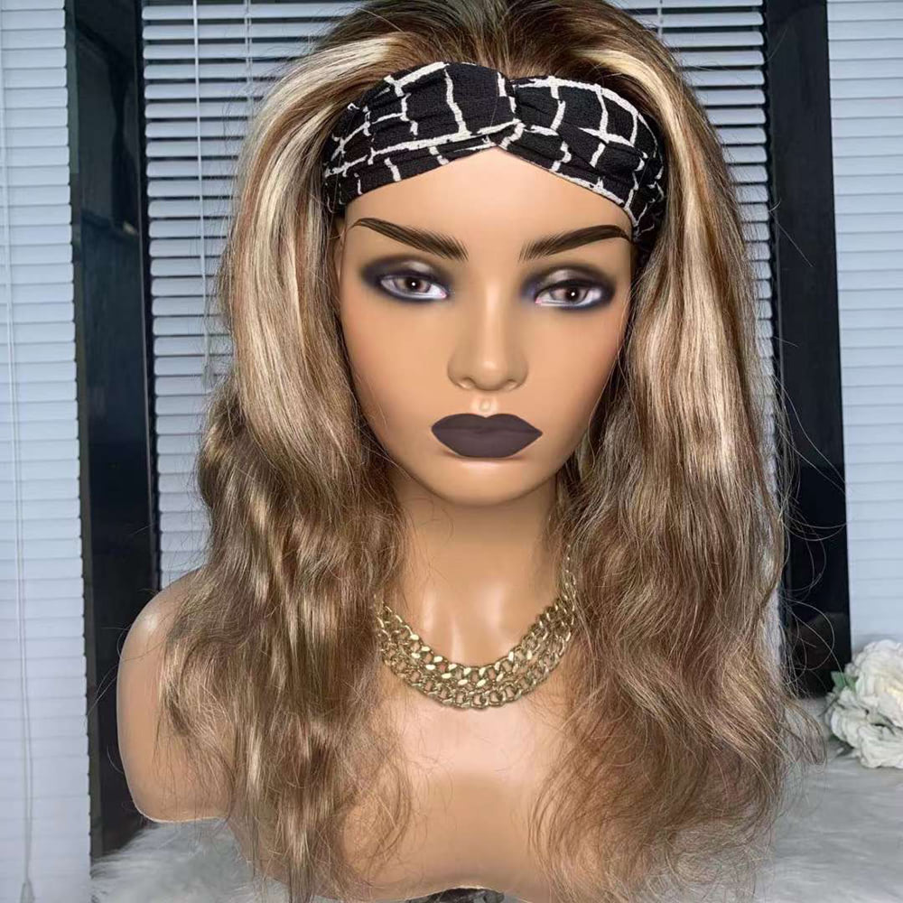 LUVE Honey Blonde Highlight Wave Headband Wig Human Hair None Lace Wigs