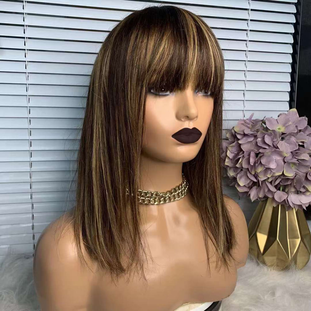 Luve Human Hair Blonde Wigs With Bangs Machine Made None Lace Wigs