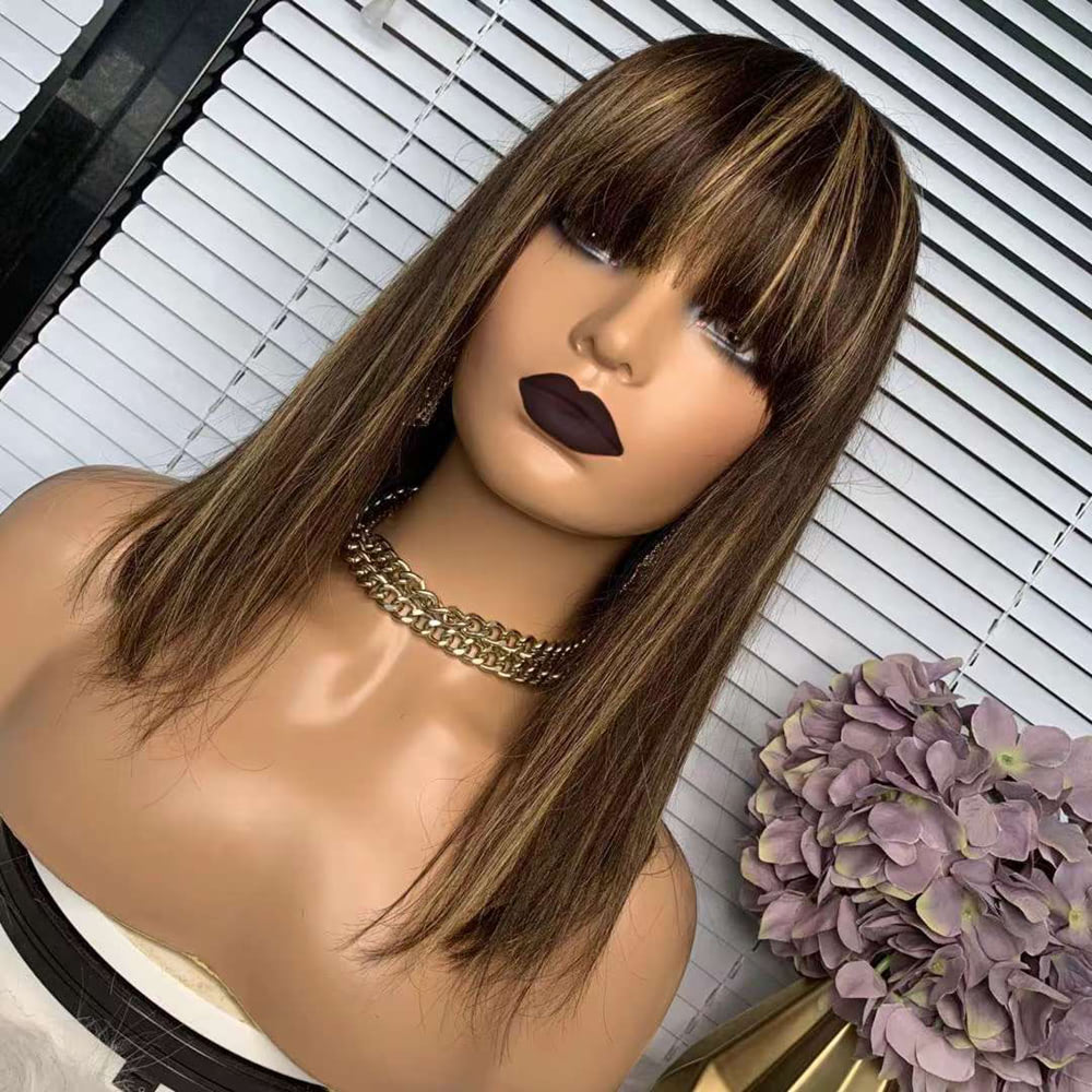 Luve Human Hair Blonde Wigs With Bangs Machine Made None Lace Wigs