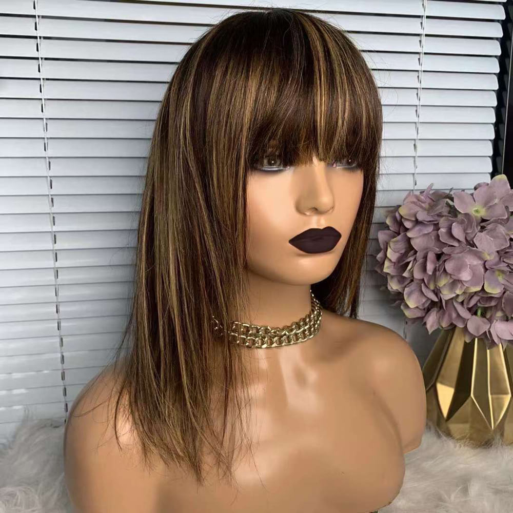 LUVE Human Hair Blonde Wigs With Bangs Machine Made None Lace Wigs