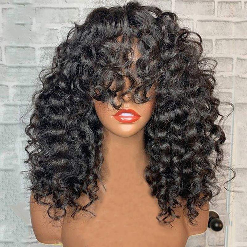 Luve Human Hair Full Bangs Curly Glueless Silk Top Non-Lace Wigs