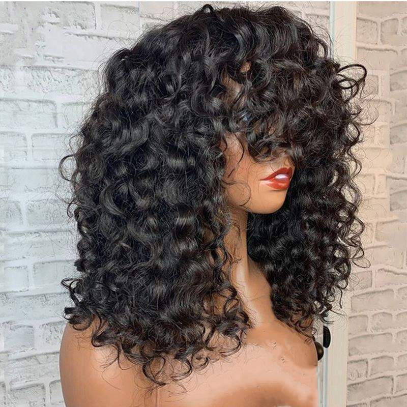 Luve Human Hair Full Bangs Curly Glueless Silk Top Non-Lace Wigs