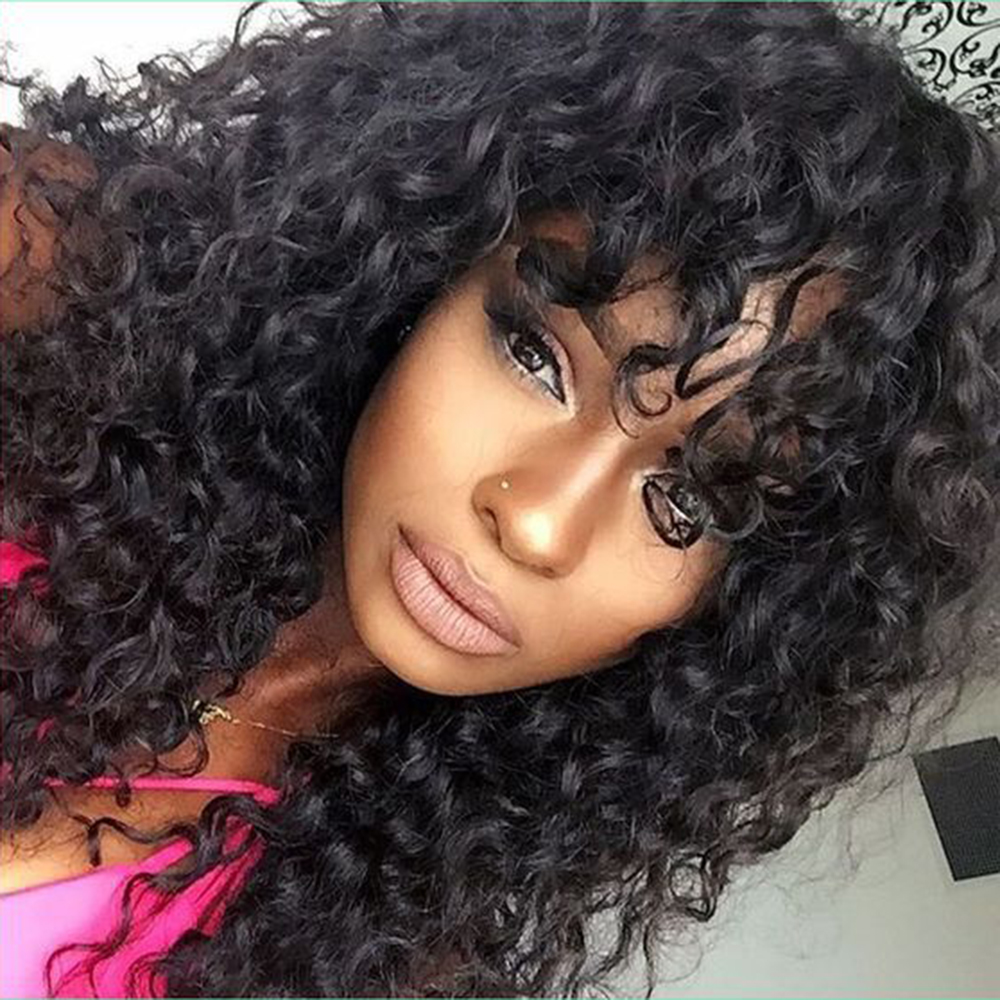 Luve Human Hair Full Bangs Curly Glueless Silk Top Non-Lace Wigs