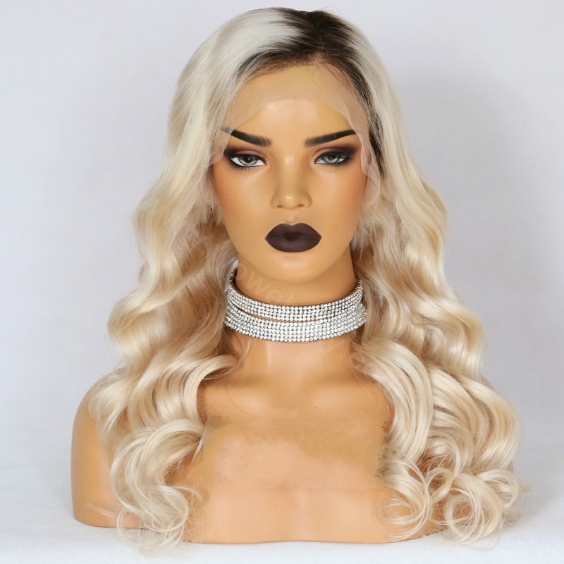 Luve Human Hair Wavy Wig Brown With Ash Blonde Highlights Lace Front Wigs