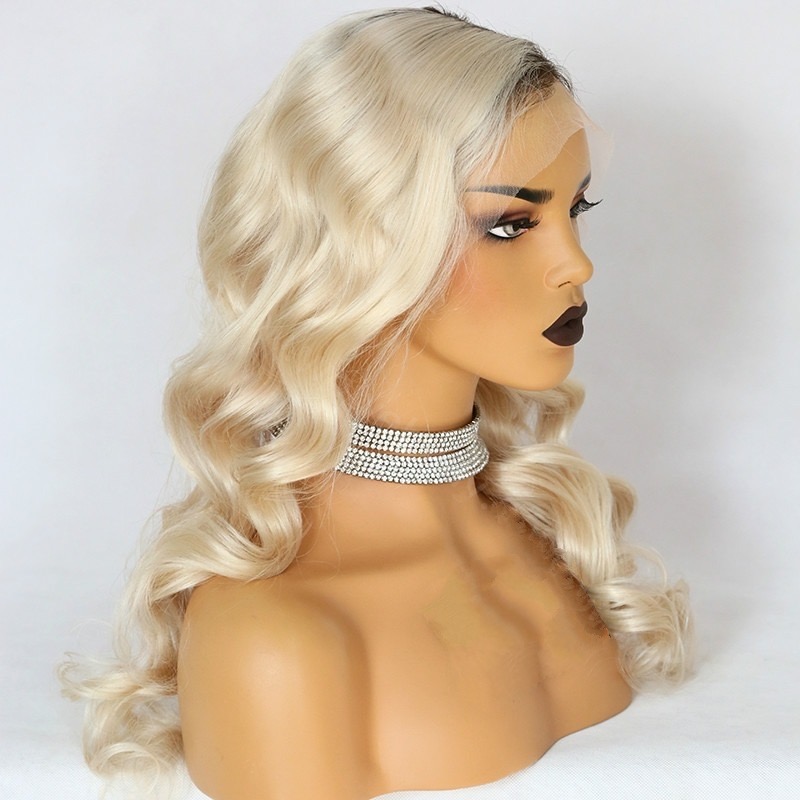 Luve Human Hair Wavy Wig Brown With Ash Blonde Highlights Lace Front Wigs
