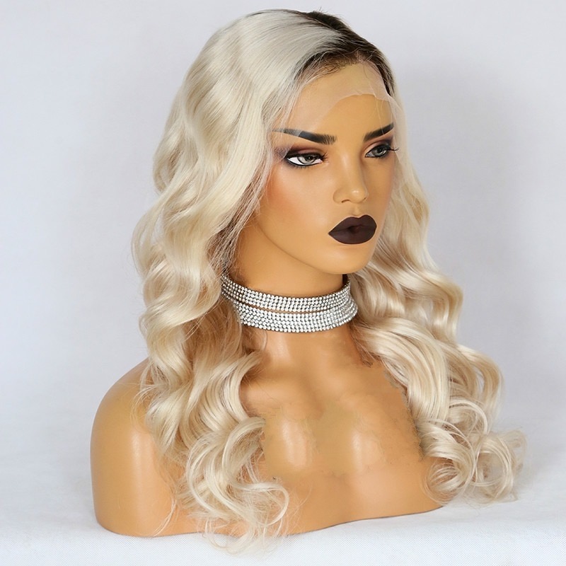 Luve Human Hair Wavy Wig Brown With Ash Blonde Highlights Lace Front Wigs
