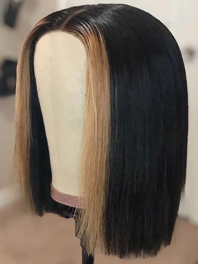 Luve Short Bob Natural Black With Highlight Human Hair Wig13X6 HD Lace Front Glueless Wig