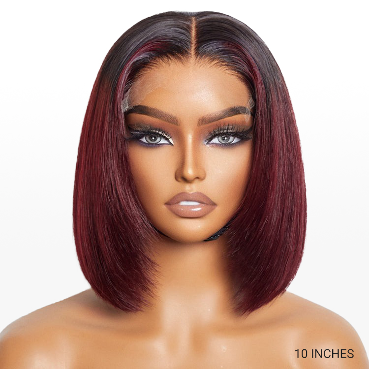 99J Burgundy Silky Straight Layered Bob Wig Glueless 5x5 Lace Closure Human Hair Wig